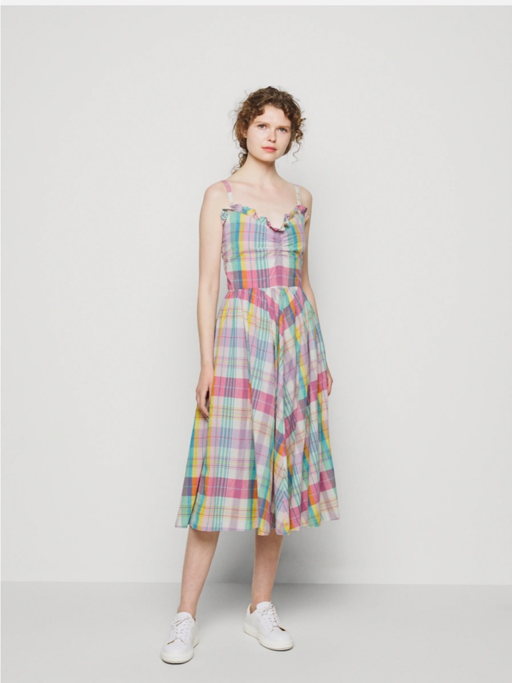 Multicolor Plaid Sundress with Ruffled Neckline